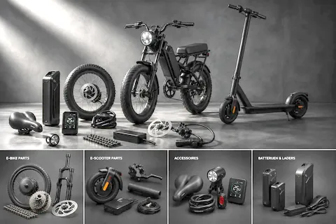 Dark studio photo with a fatbike, electric scooter and loose parts such as a battery, wheel, display and brake disc