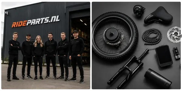 The RideParts team of six employees in front of the RIDEPARTS.NL warehouse