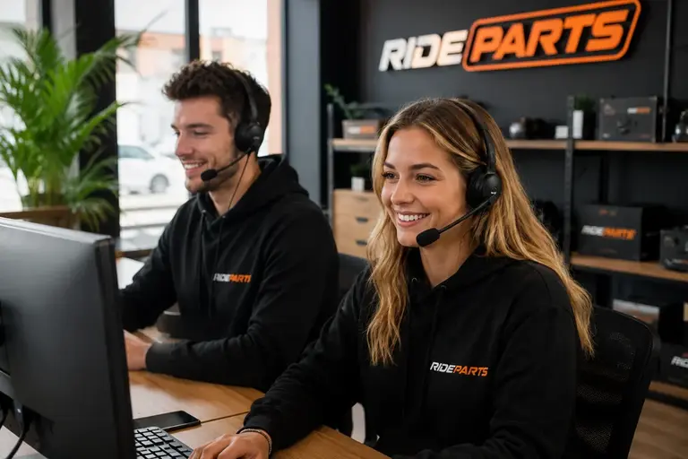 Two RideParts employees with headsets assisting customers